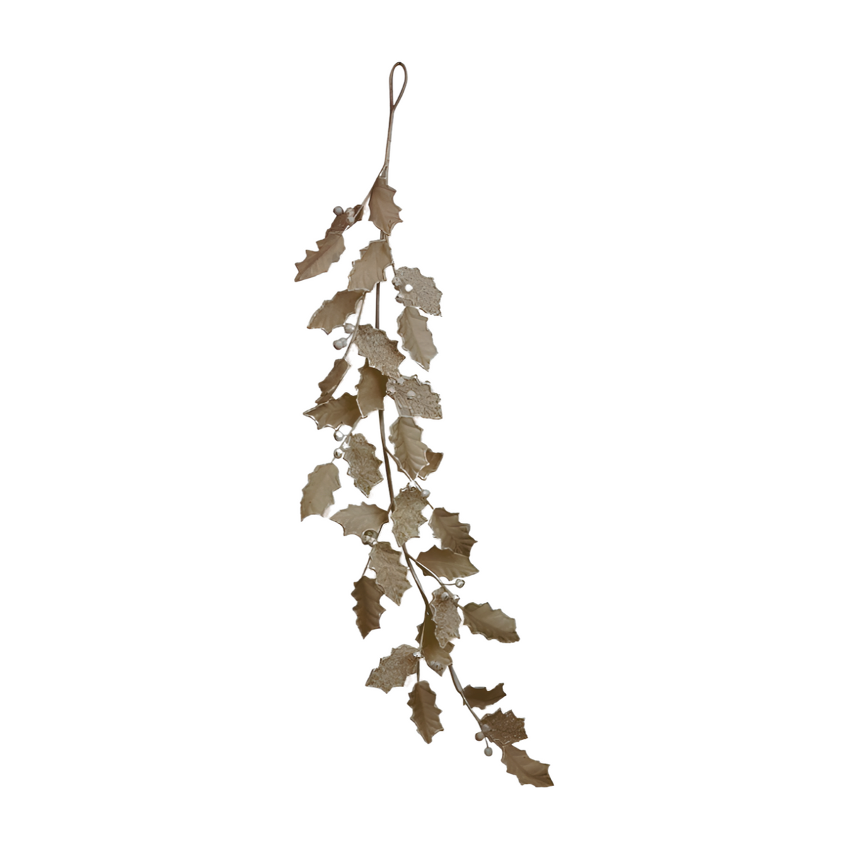 Pearl holly leaf hanging garland with pointed leaves, small berry clusters, and a loop for hanging