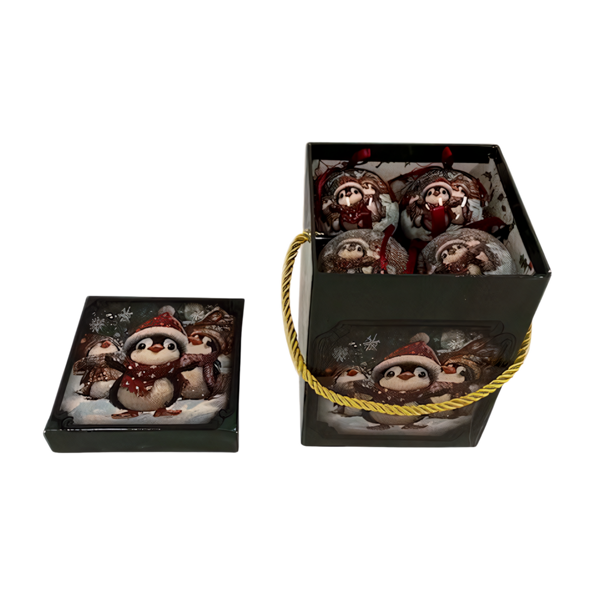 Penguin-themed Christmas music box with matching baubles in a decorative tin featuring penguins in winter hats