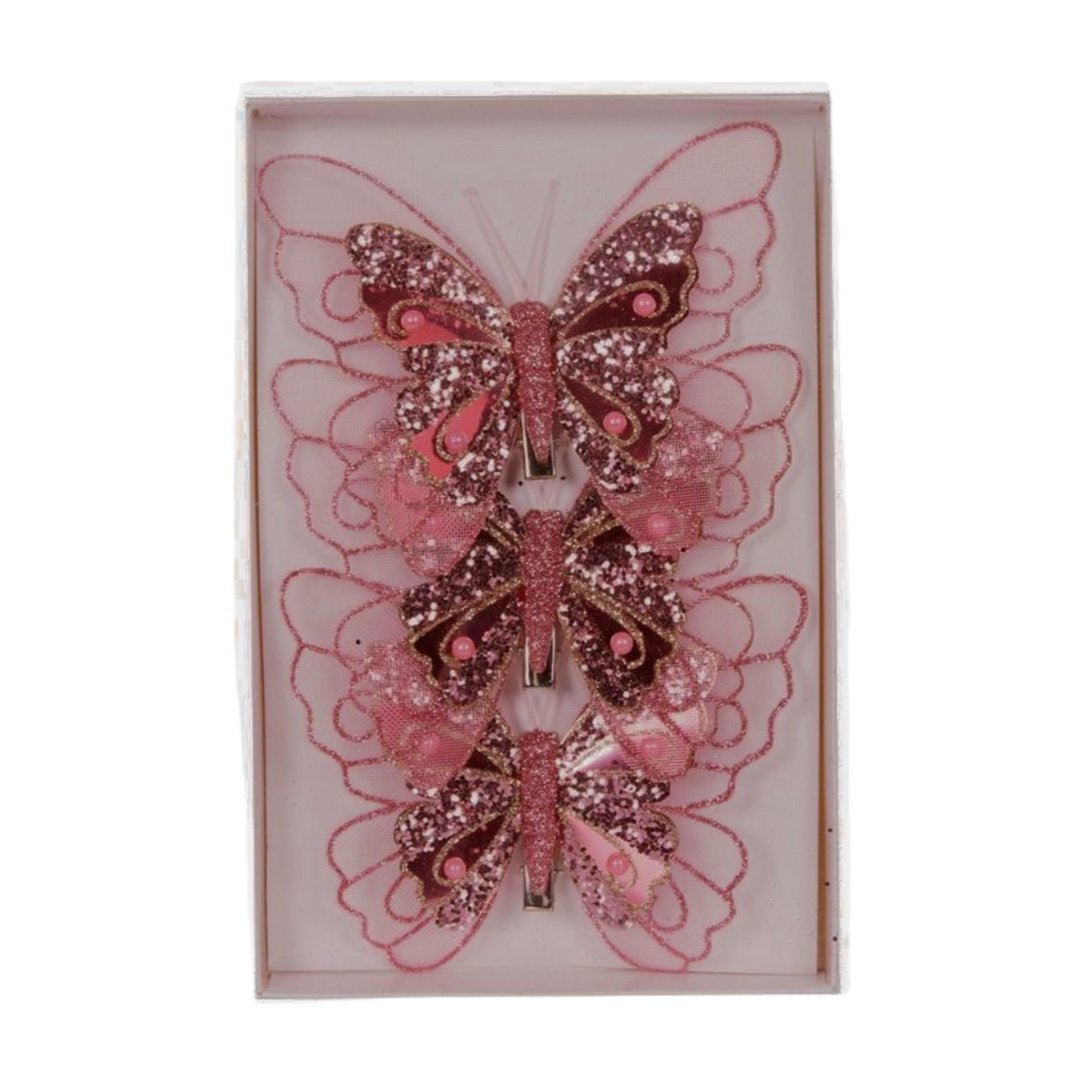 Set of three pink glitter butterfly decorations with mesh wings, sequins, and clip attachments in a gift box
