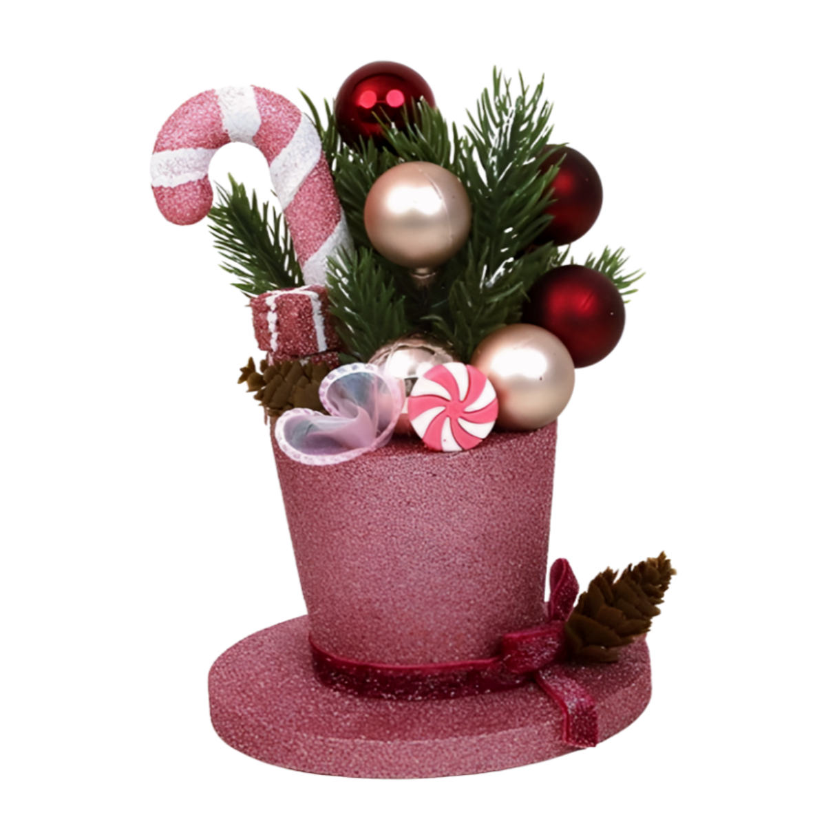 Pink glitter top hat Christmas decoration filled with candy cane, baubles, pine sprigs and peppermint picks