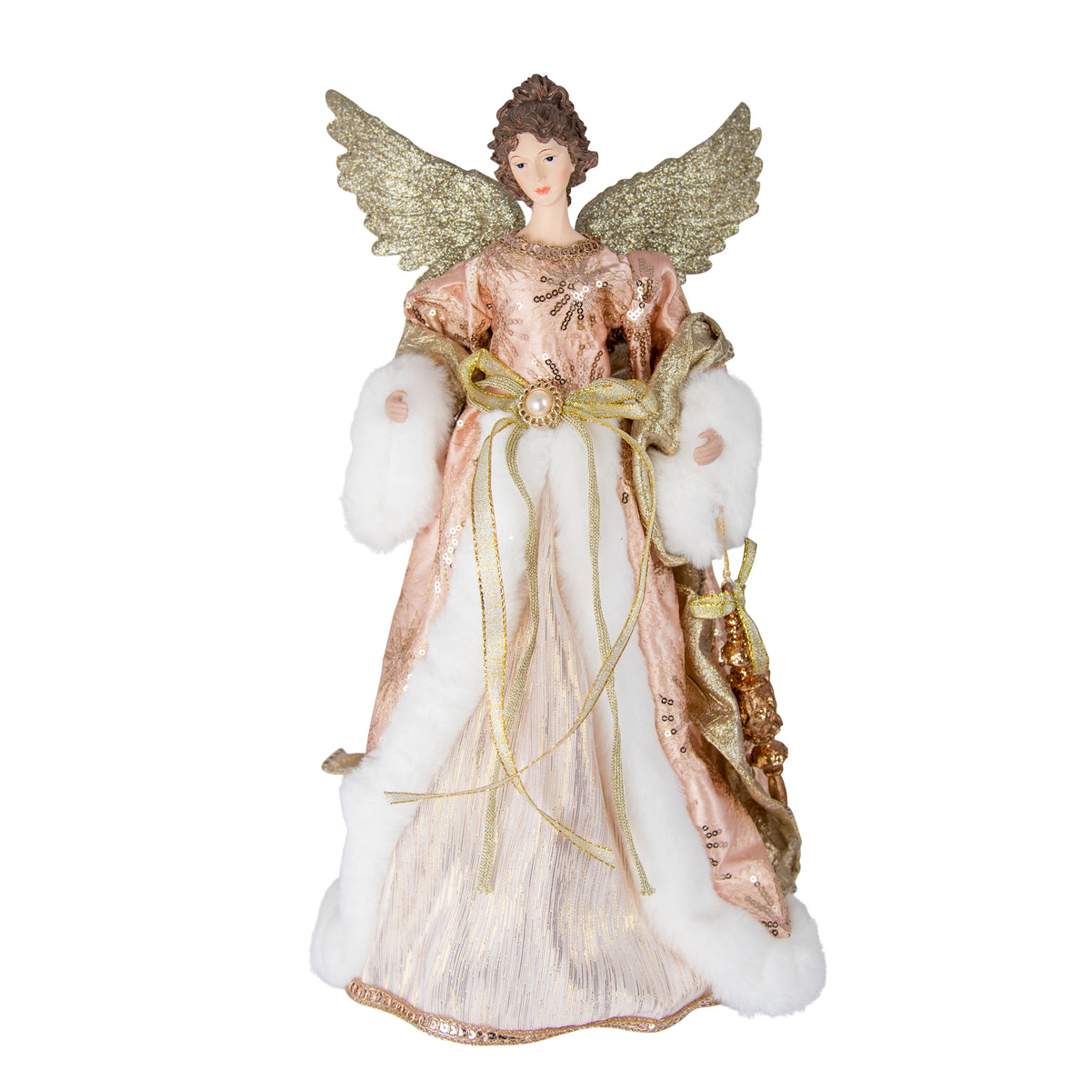 Pink and gold angel tree topper in sequin gown with faux fur trim, pearl bow and glitter wings