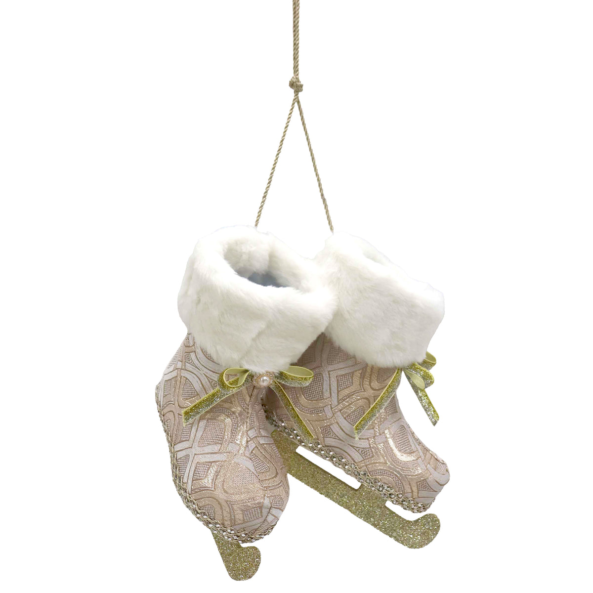 Pink and gold patterned ice skates ornament with white faux fur cuffs, pearl bow detail and gold glitter blades