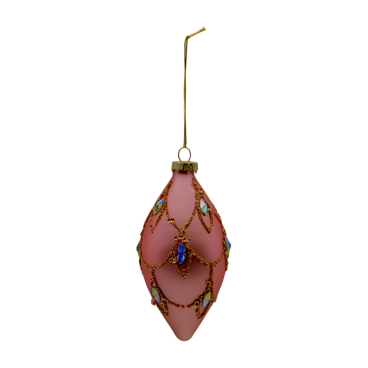Pink matte glass drop-shaped Christmas bauble with gold swag detail, blue and iridescent faceted jewel embellishments and gold hanging cap.