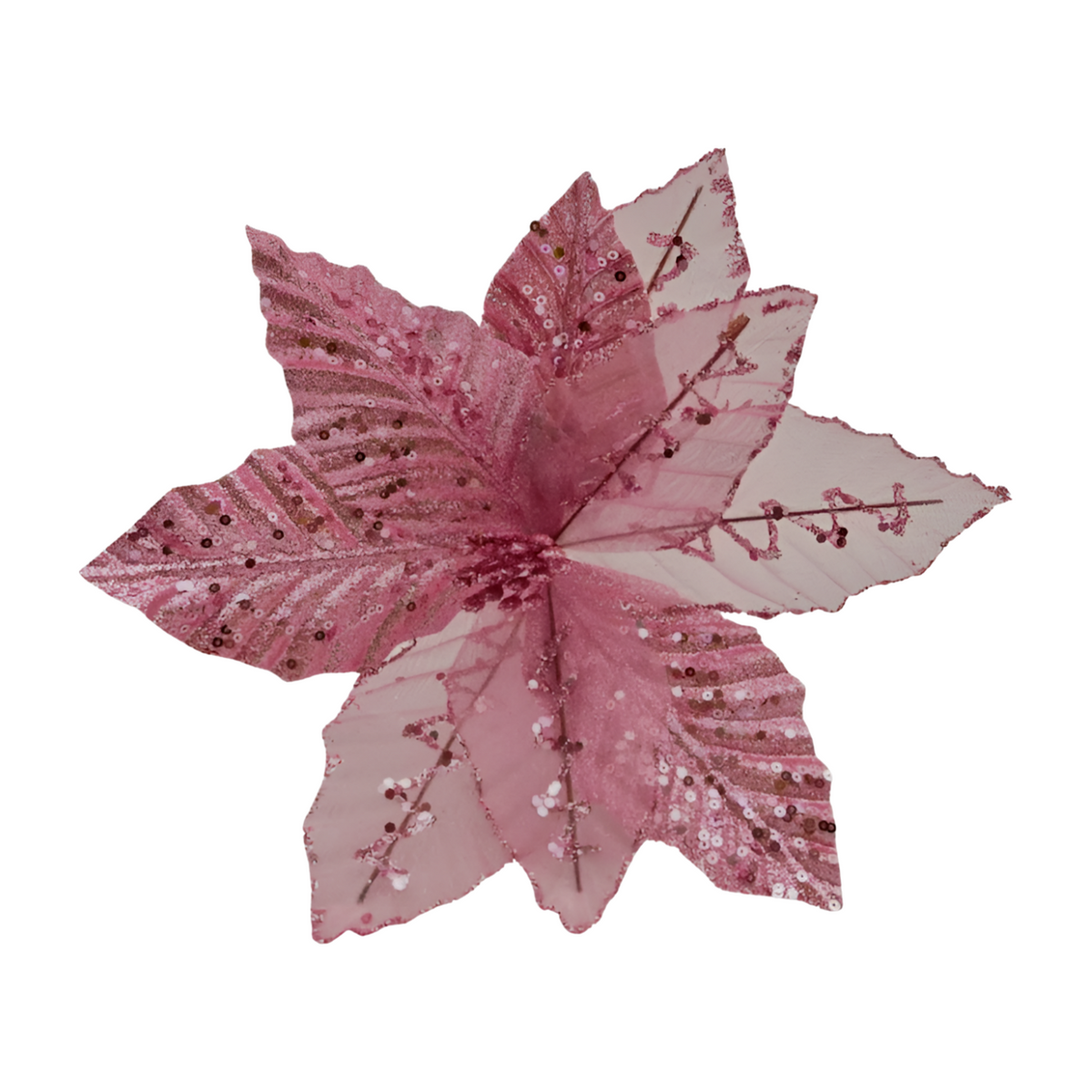 Pink and blush sequin poinsettia clip-on Christmas tree decoration with sheer petals