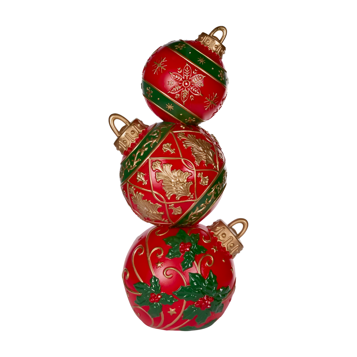 Stacked red and green bauble decoration with gold detailing and holly accents