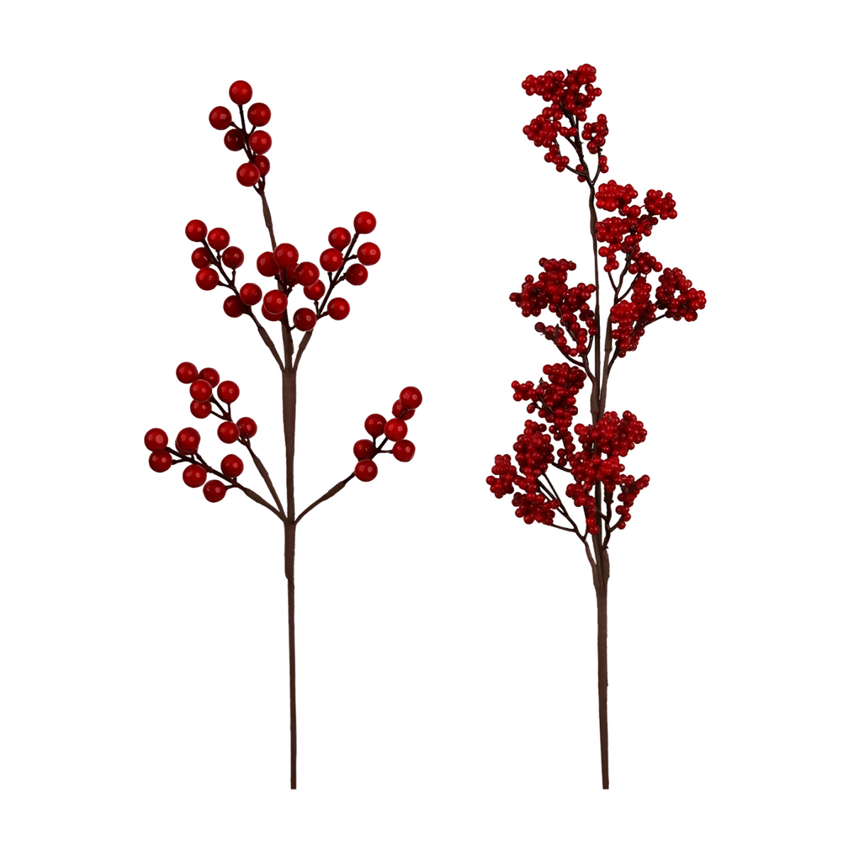 Two red berry Christmas picks side by side, one with large berry clusters and one with dense small berries