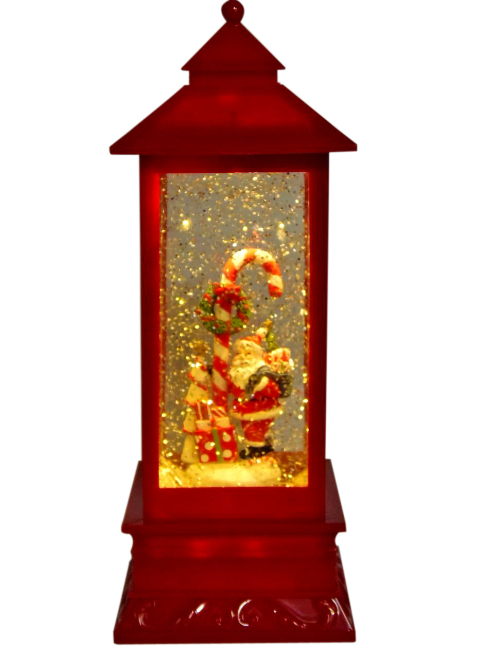 Red Christmas lantern snow globe featuring Santa holding a candy cane with swirling glitter.