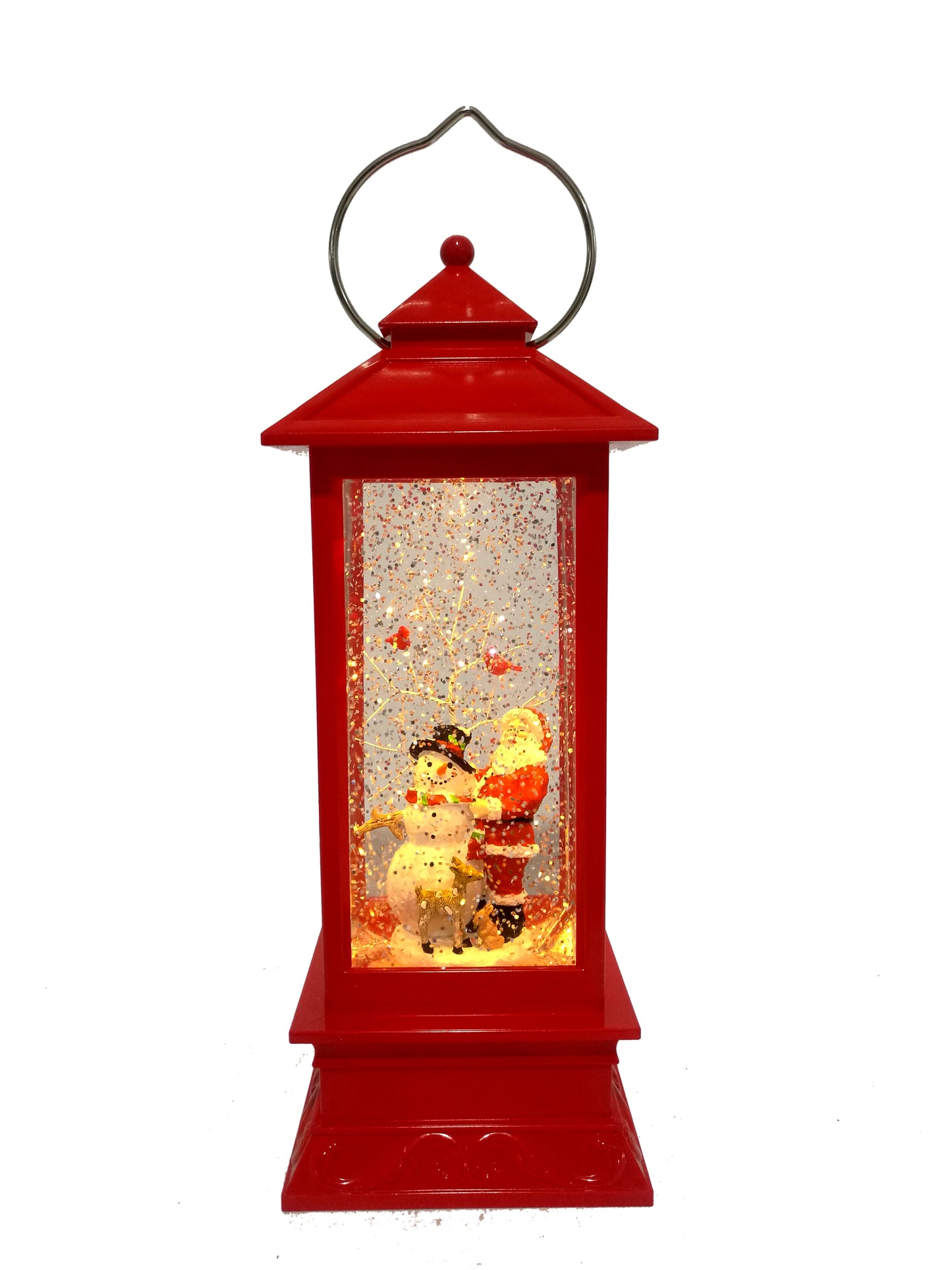 Red Christmas lantern snow globe featuring Santa and a snowman with swirling glitter and warm light.