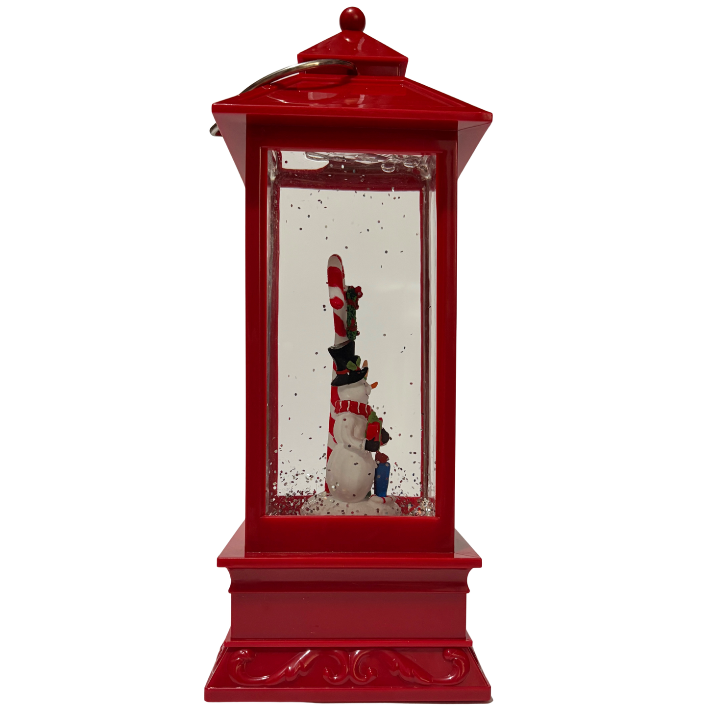 Red Christmas lantern snow globe featuring a snowman holding a candy cane with swirling golden glitter.