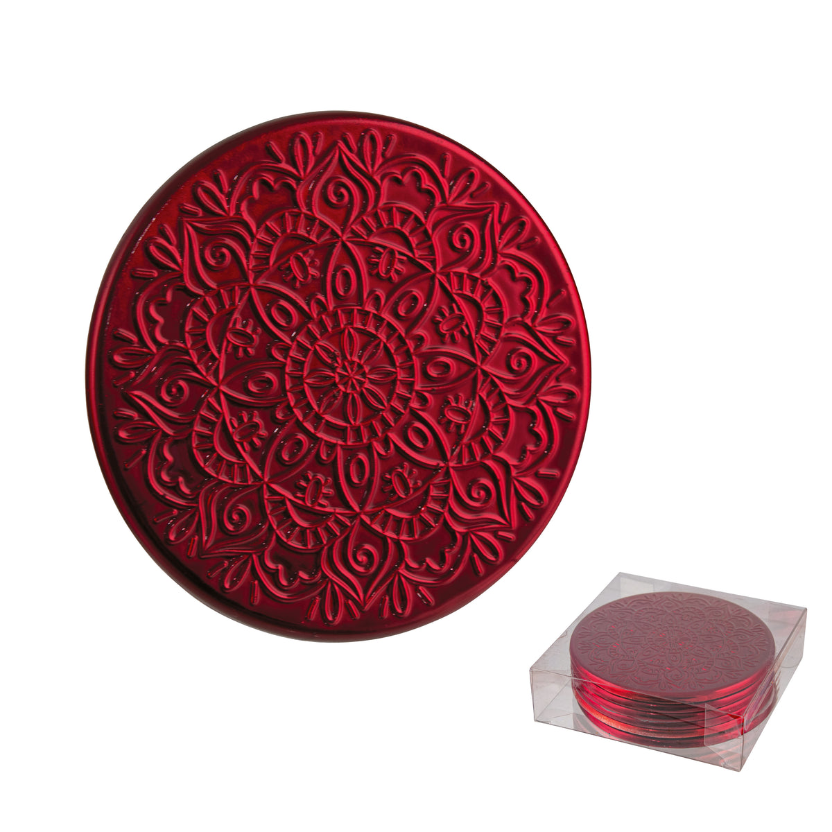 Set of six red embossed filigree coasters with intricate botanical and geometric relief pattern, in gift box