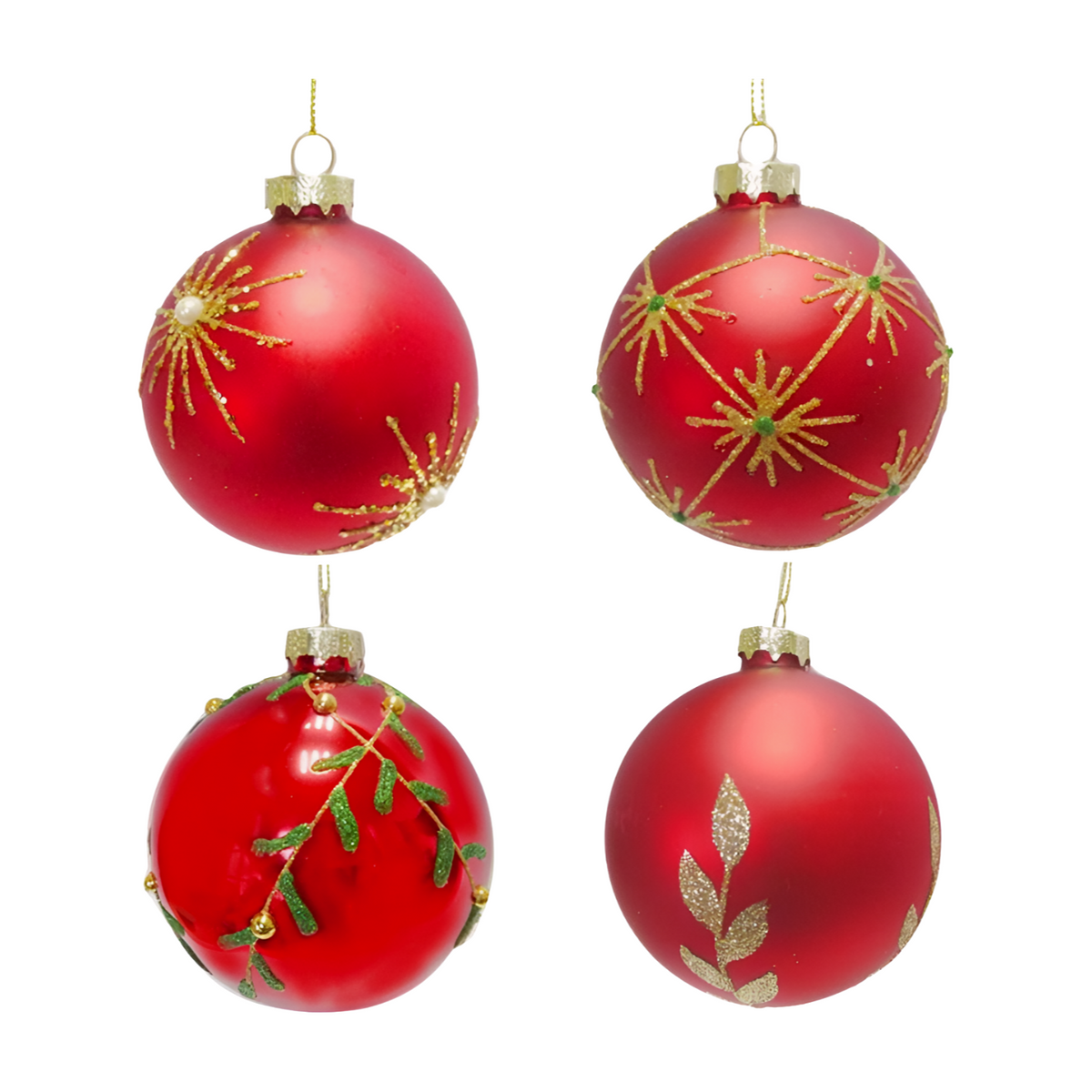 Four red glass Christmas baubles with starburst, pearl, mistletoe and foliage designs