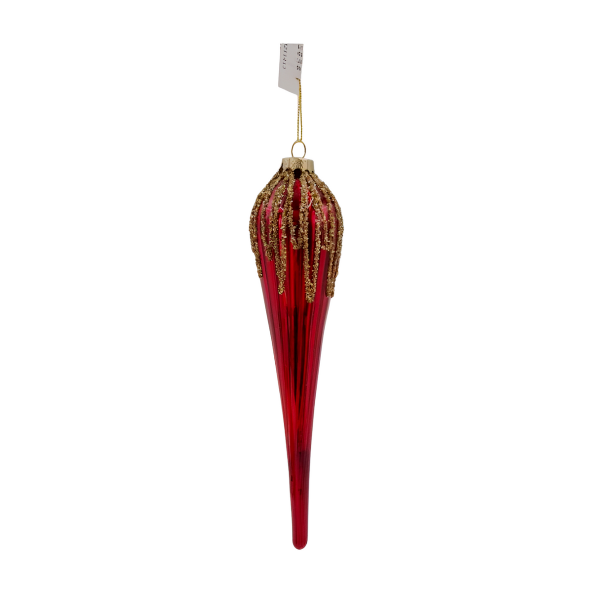 Red gloss glass finial Christmas ornament with ribbed body and gold glitter drip detail