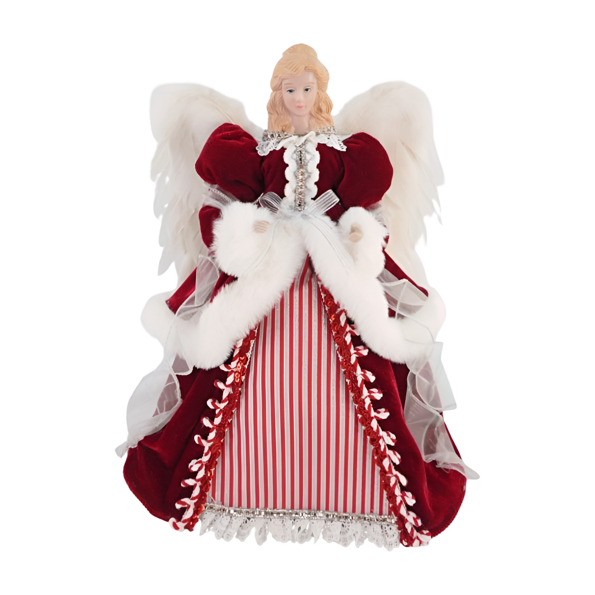 Angel tree topper in a red velvet gown trimmed with white fur and silver ribbon over a red-and-white striped skirt