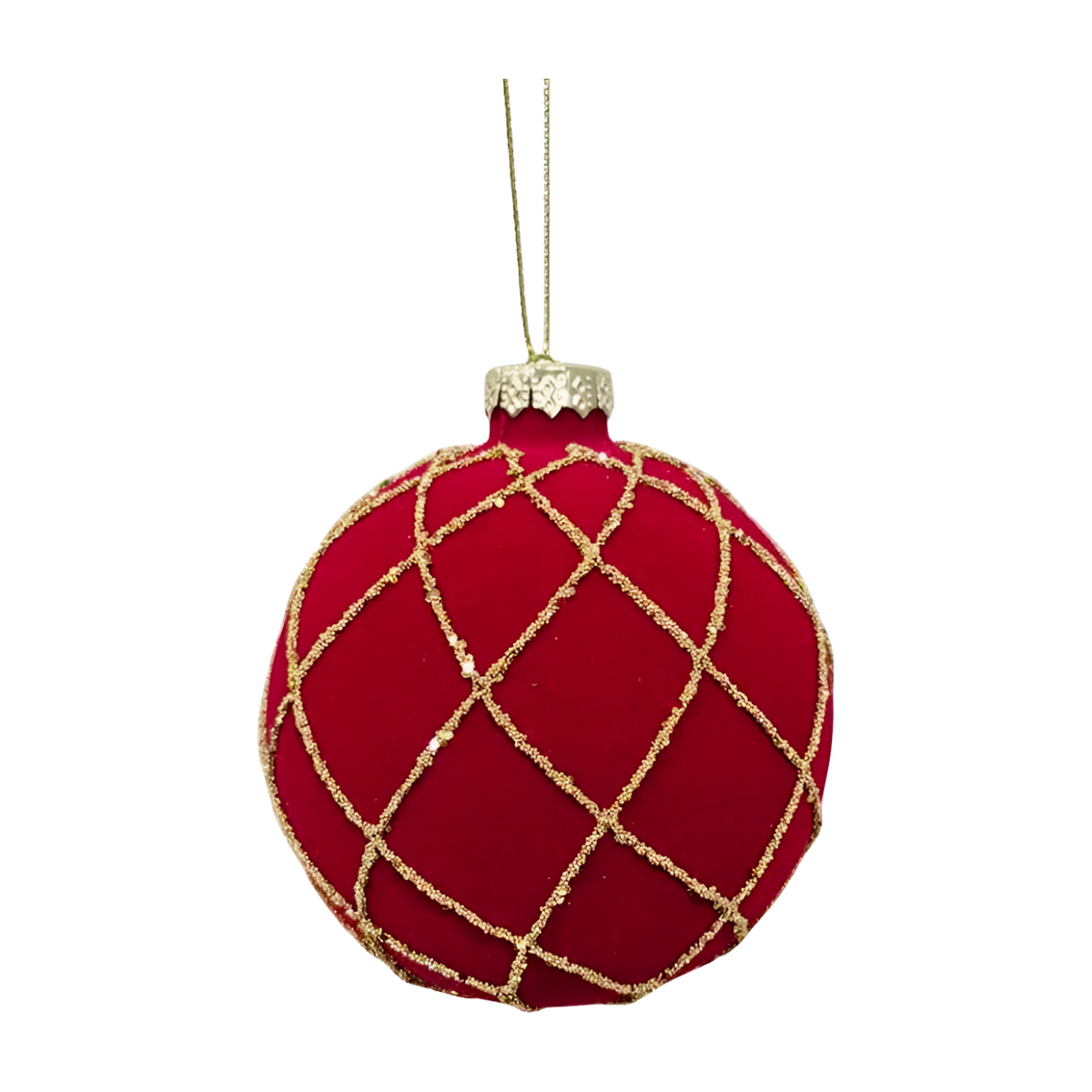 Red velvet Christmas bauble with gold glitter diamond trellis pattern