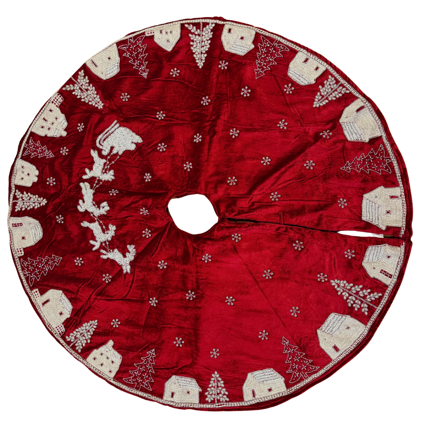 Hand-beaded red velvet Christmas tree skirt with Santa, reindeer, and village design