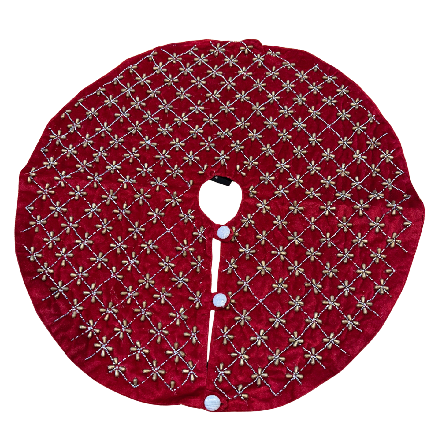 Red velvet Christmas tree skirt with silver lattice hand-beaded design
