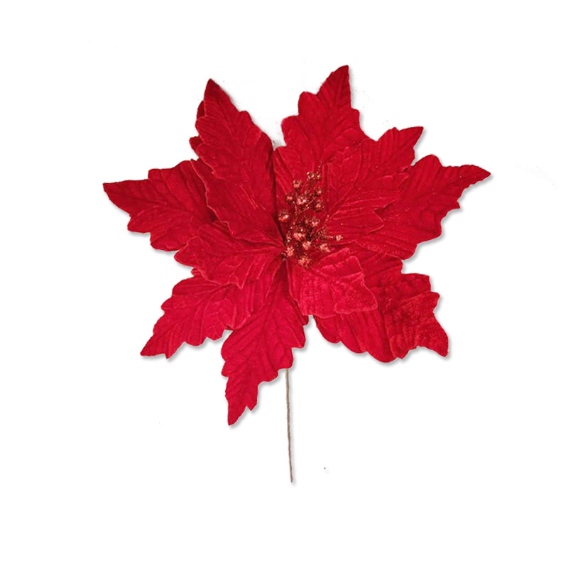 Red velvet poinsettia flower with gold glitter centre