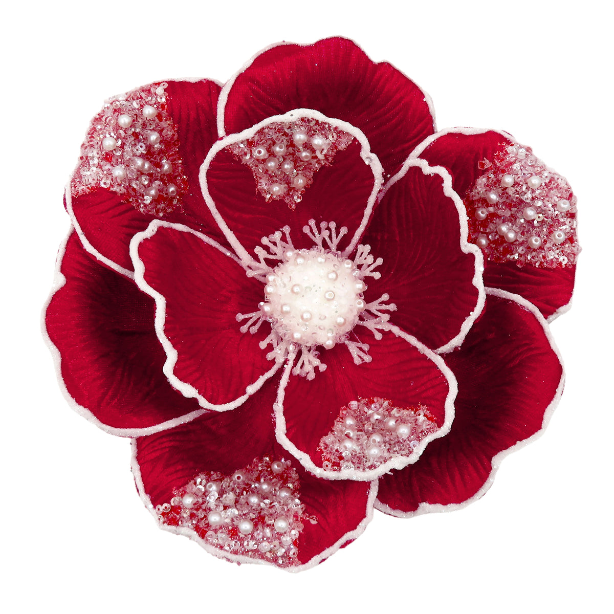 Red and white beaded magnolia clip-on flower decoration with white petal edges, pearl and sequin bead detail and white stamen centre