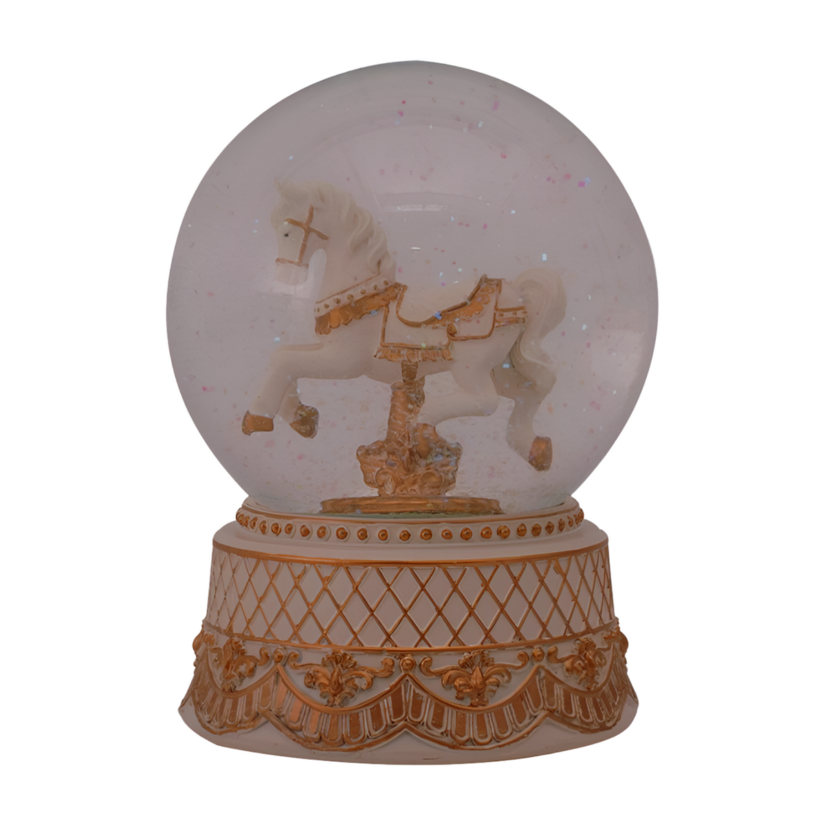 White and gold rockinghorse snow globe with iridescent glitter, lattice base, and fleur-de-lis detailing