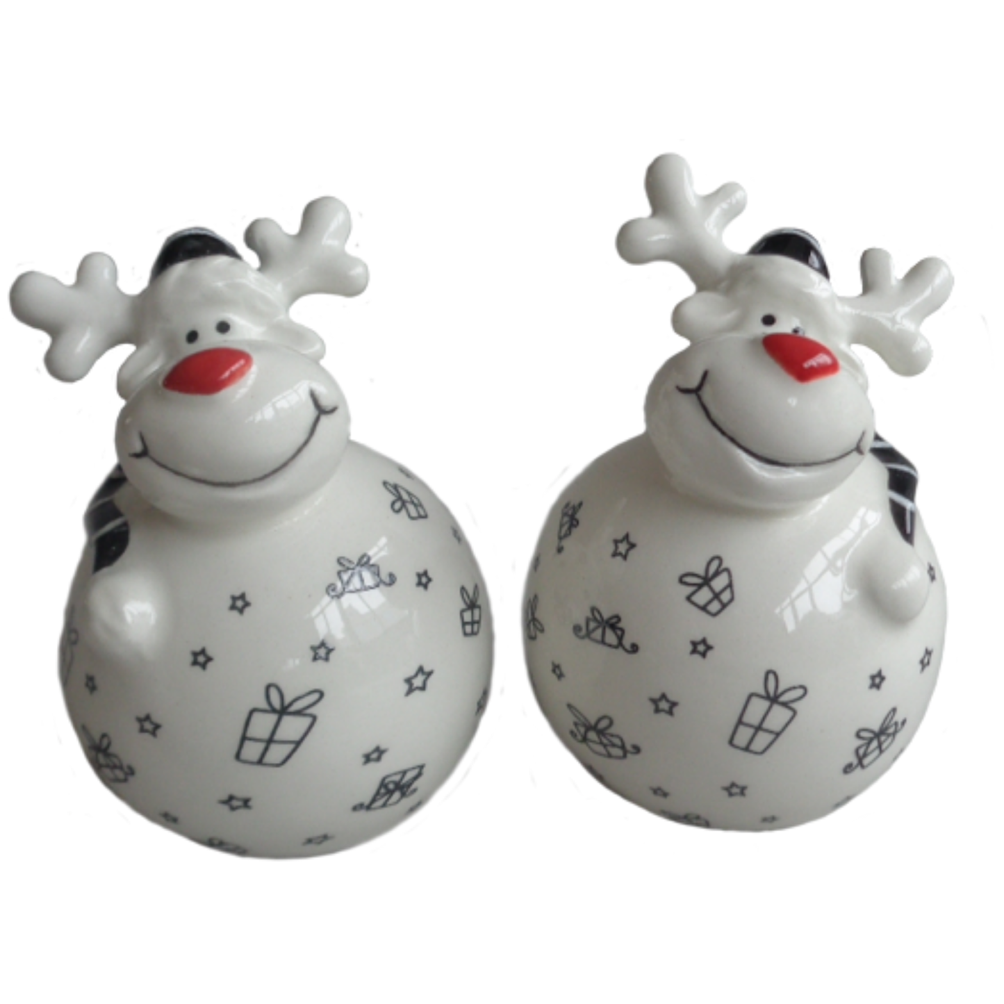 Rudolph salt and pepper shaker set with red noses, white antlers and gift and star pattern
