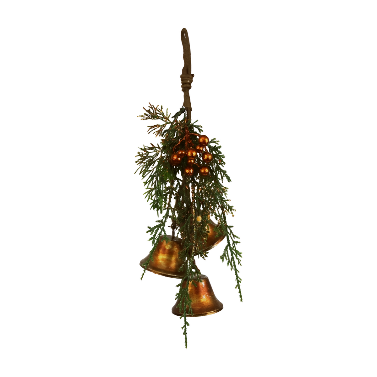 Rustic copper-toned bell cluster door hanger with cascading cedar sprigs and copper berry accents