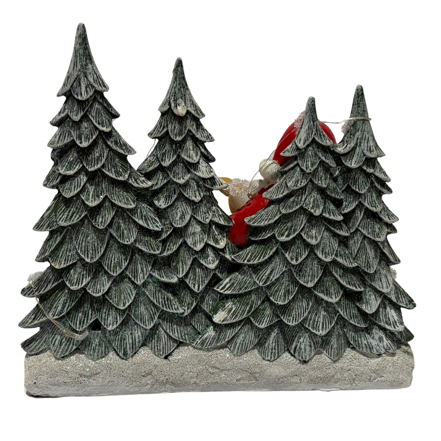 Santa sitting in a snowy forest with deer, rabbit, fox, and bear cub surrounded by pine trees