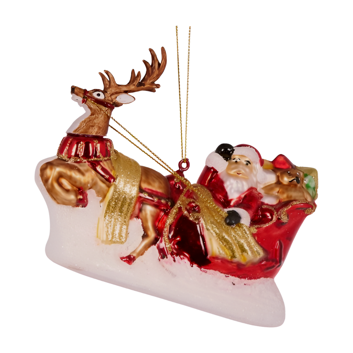 Santa and reindeer sleigh decoration made of glass with gold harness and red sleigh filled with gifts
