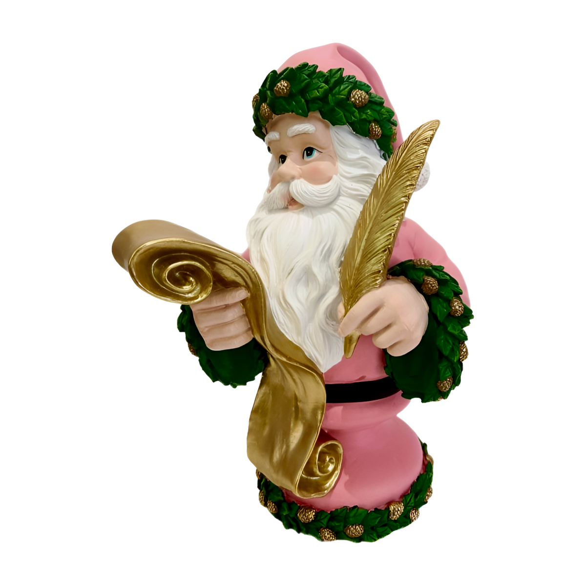 Front view santa bust figurine in a pink suit with green holly trim holding a gold feather quill