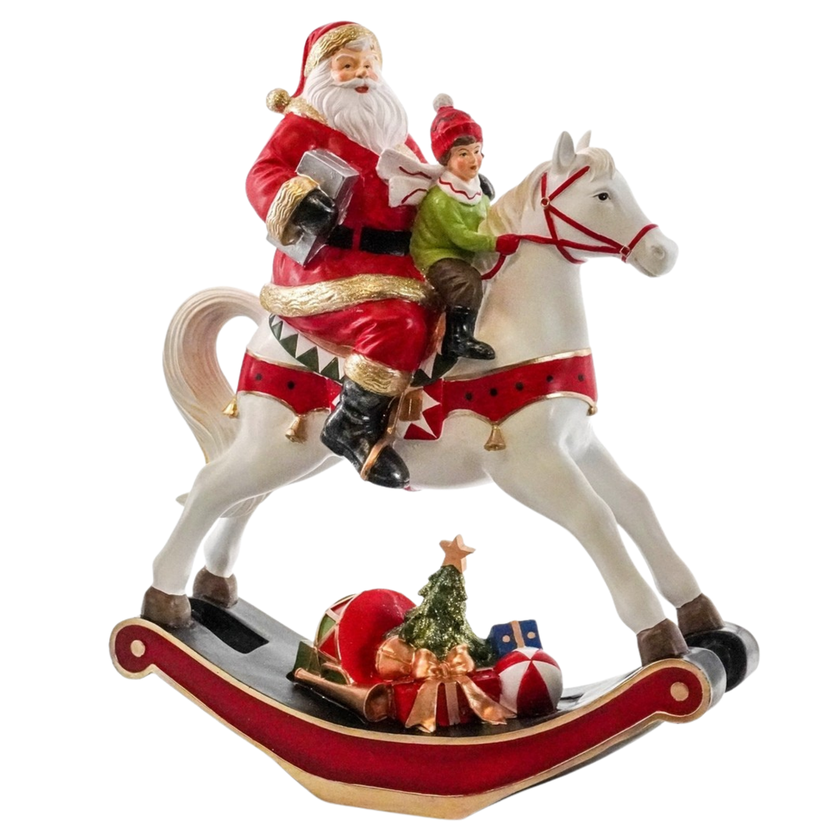 Christmas decoration of Santa and a child riding a white rocking horse with gifts and a miniature tree on the base