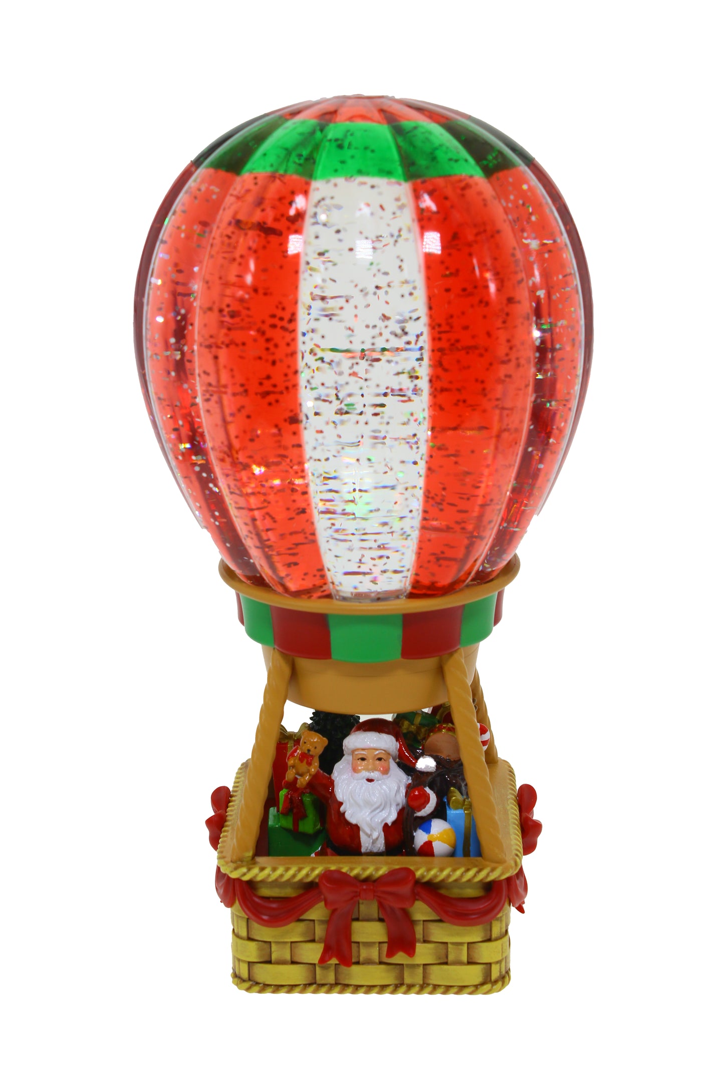 Light up Santa hot air balloon snow globe with red, green, and white balloon and glitter effect
