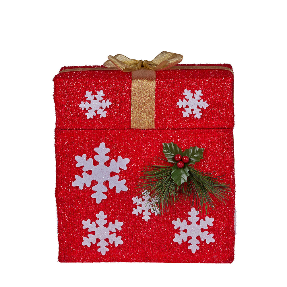 Red glitter gift box decoration with gold bow, white snowflakes and holly berry detail, unlit