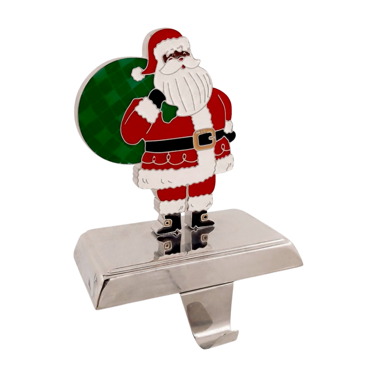 Silver Christmas stocking hanger featuring Santa Claus in red and white with a green gift sack