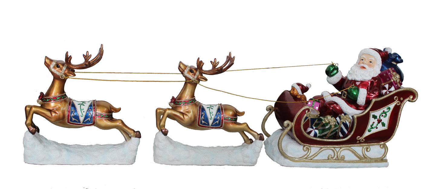Santa in a red sleigh filled with gifts being pulled by two golden reindeer over snow