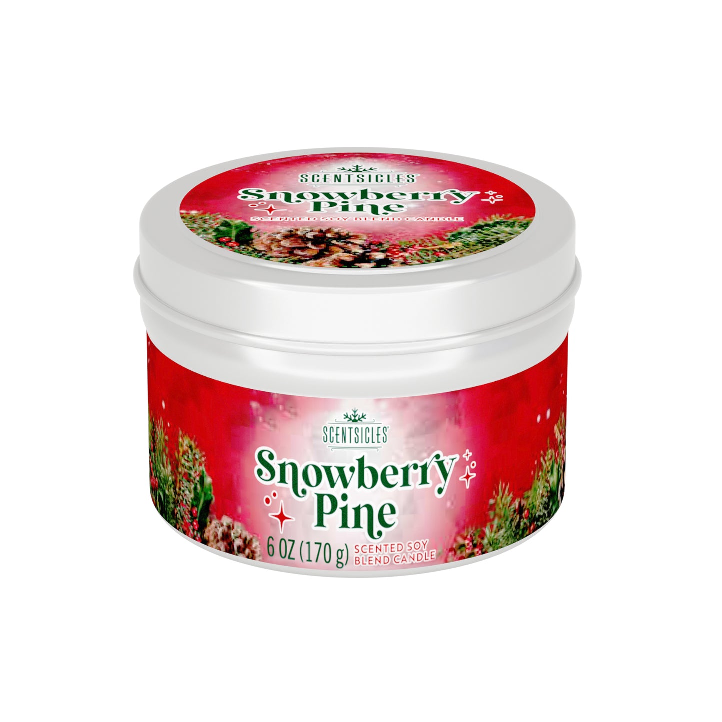 Snowberry Pine scented candle jar with red label on a white background