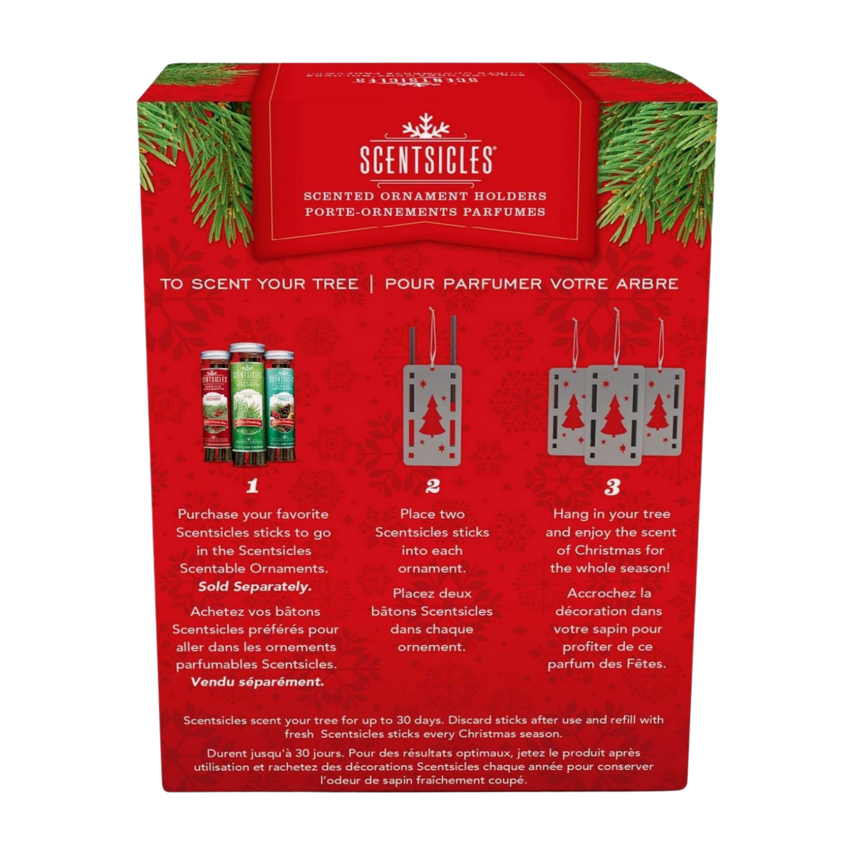 Back of Scentsicles scented ornament holders box showing 3-step usage guide