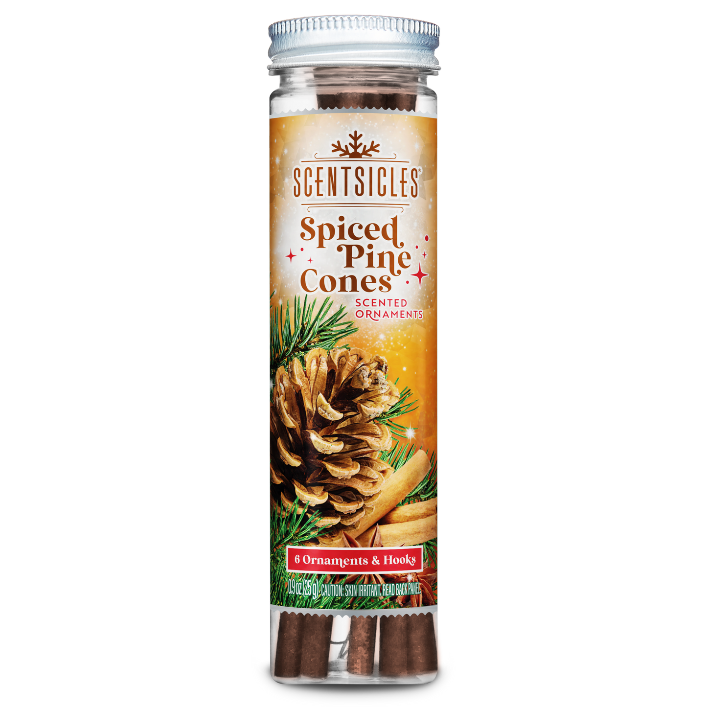Scentsicles Spiced Pine Cones scented ornament packaging on a white background
