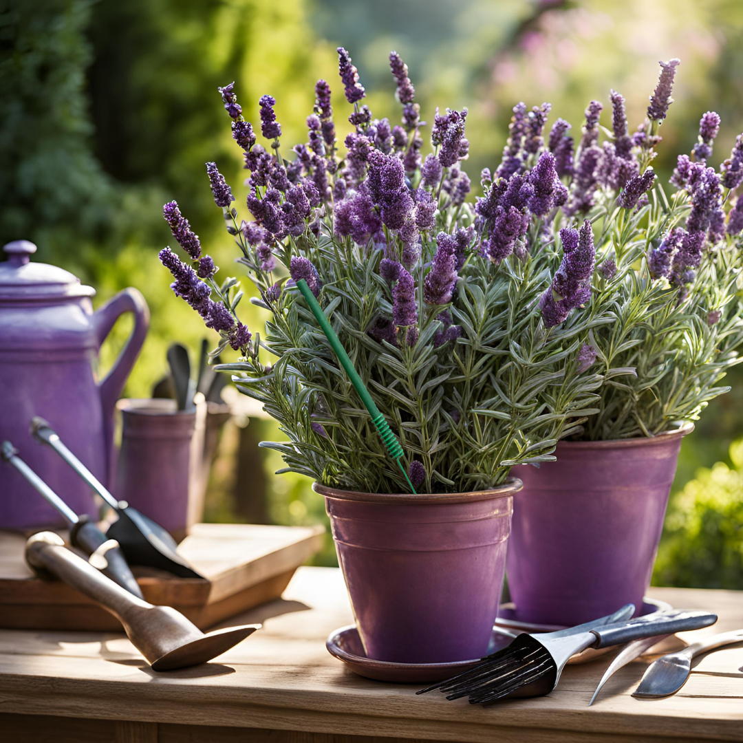 Scentsicles scent stick in a potted lavender plant on a garden table