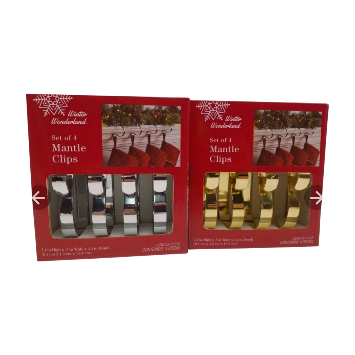 Set of 4 silver and gold metal mantle clips for hanging Christmas stockings
