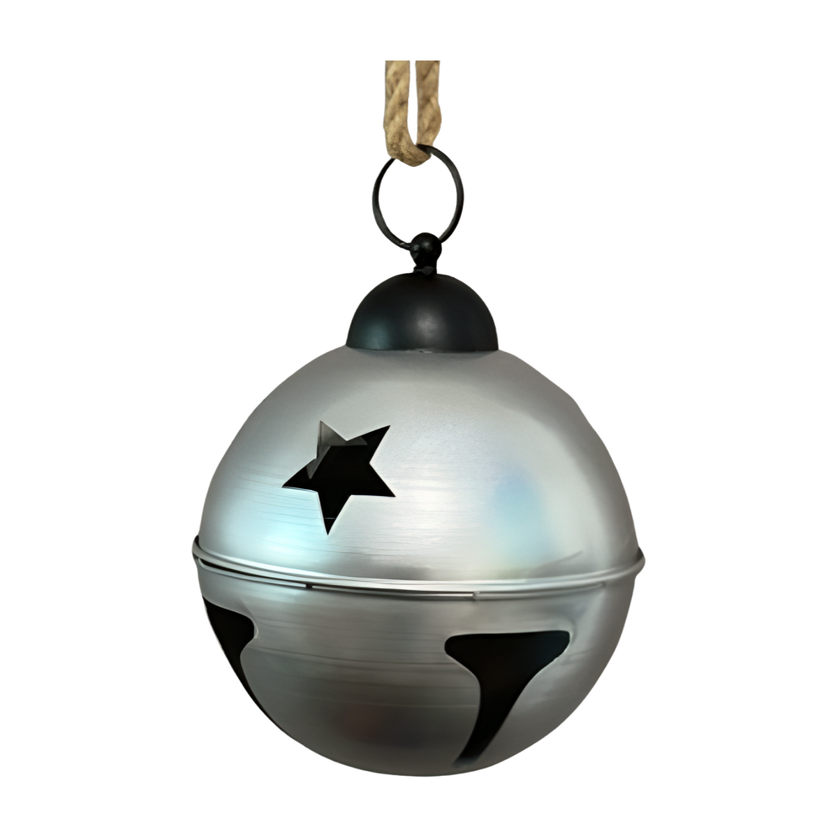 Round silver jingle bell ornament with star cutout and rope hanger