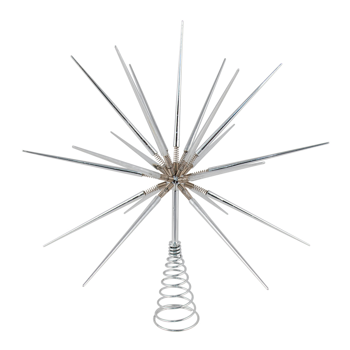Silver sputnik starburst tree topper with polished spike rods radiating from a silver coil centre