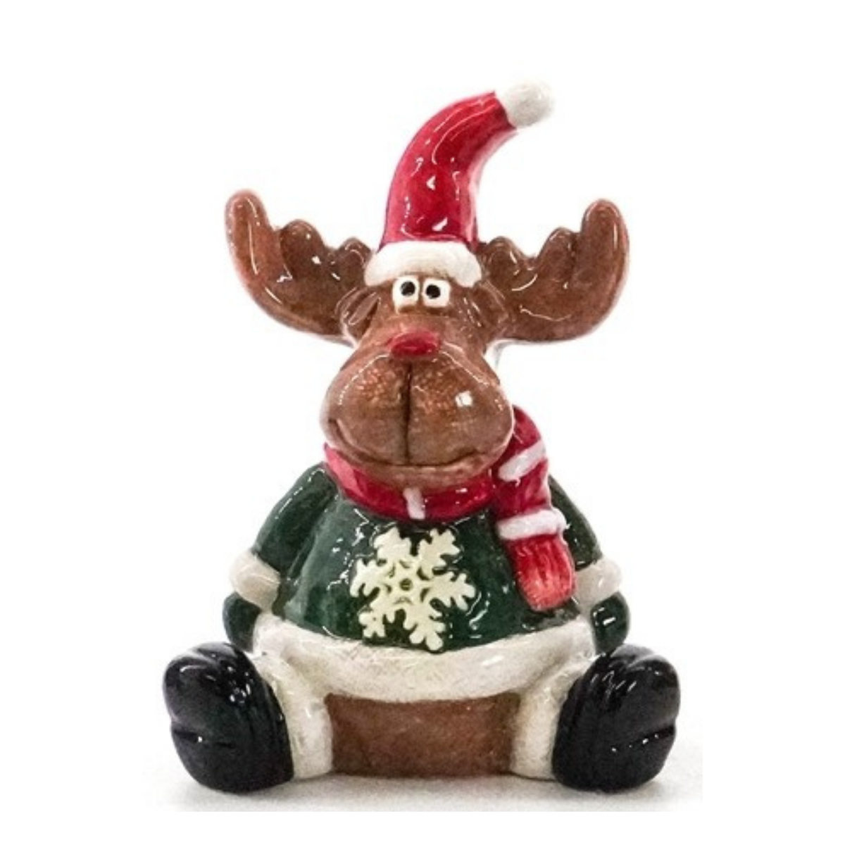 Seated glossy reindeer figurine in a red Santa hat, striped scarf and green snowflake jumper