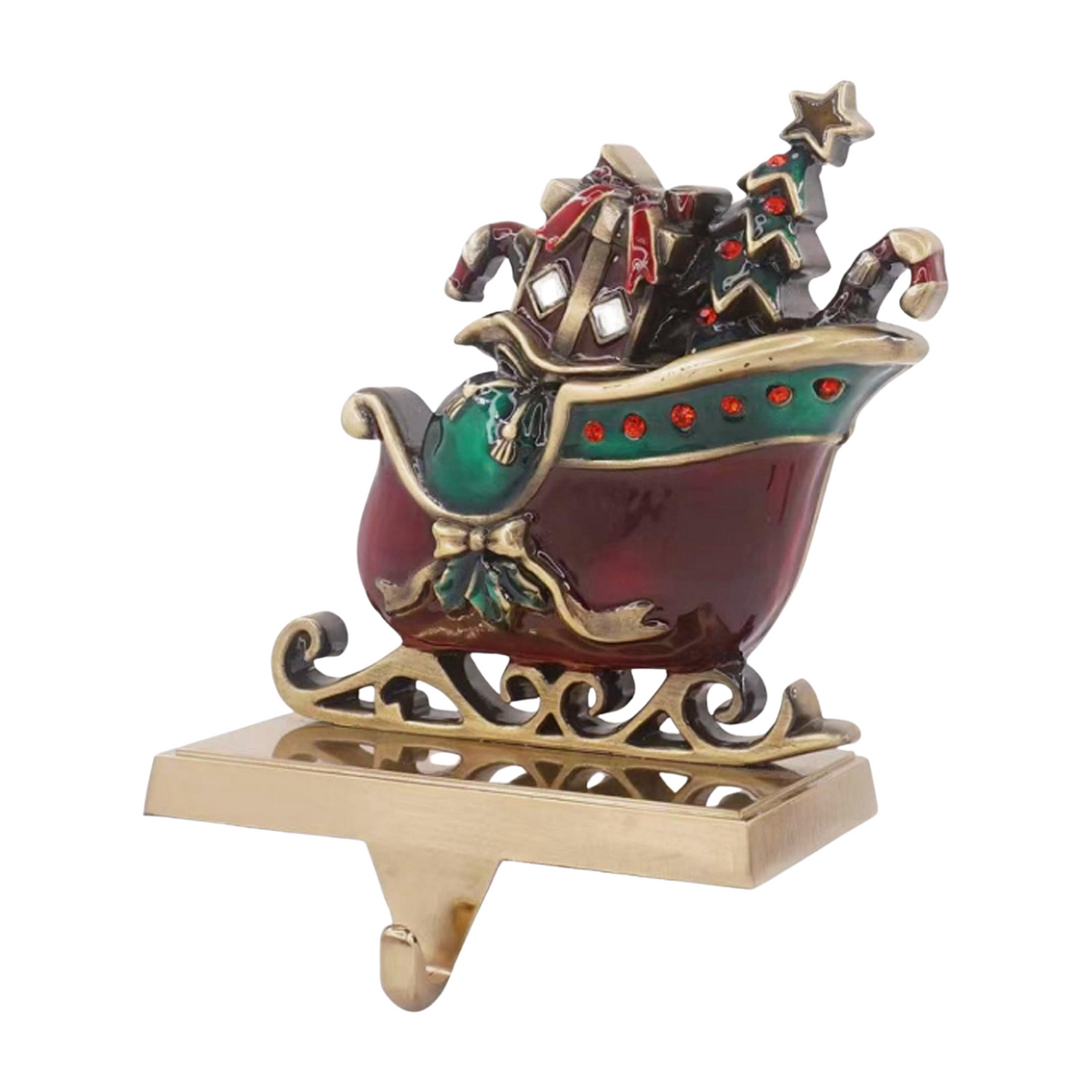 Gold sleigh-shaped Christmas stocking hanger with red and green enamel, filled with gifts, candy canes, and a Christmas tree
