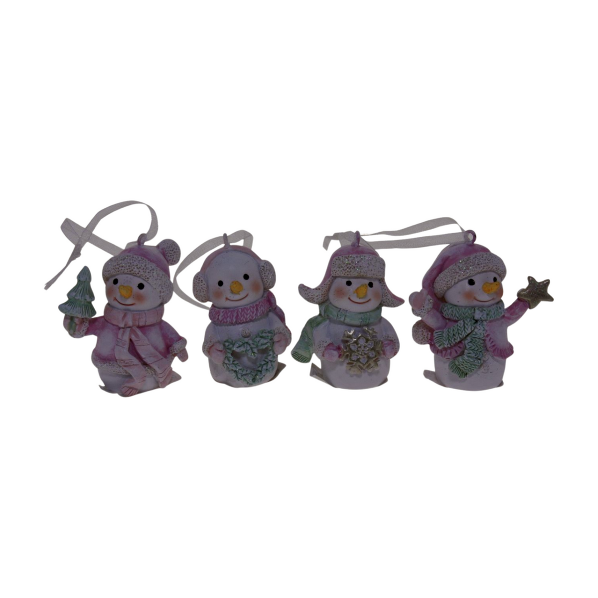 Four snowman Christmas ornaments wearing pastel winter outfits and holding festive decorations