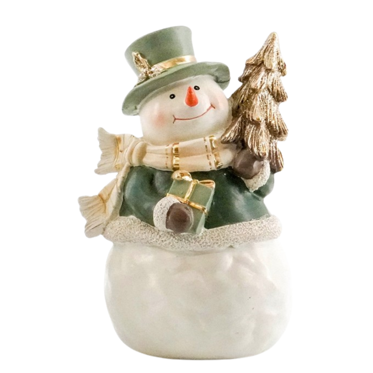Snowman decoration in sage green coat and top hat holding a gold Christmas tree and green gift