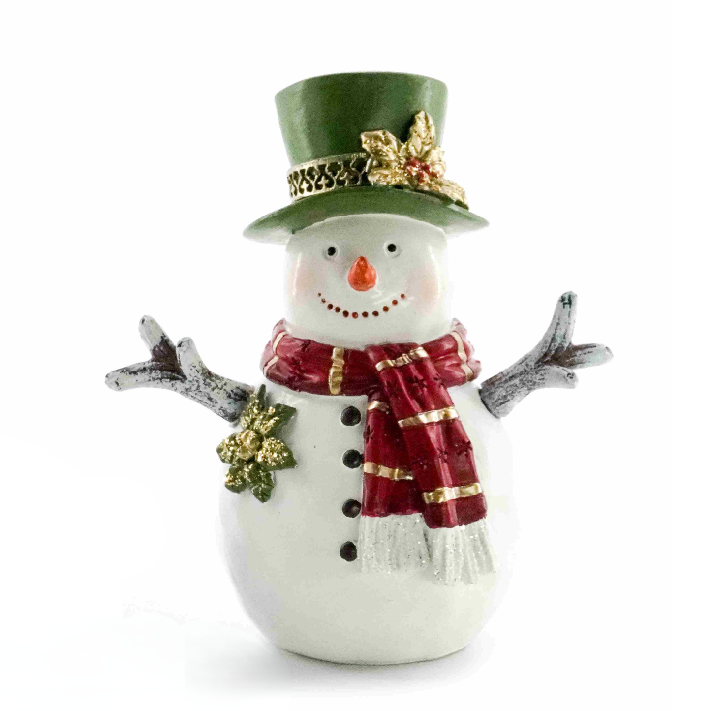 Snowman decoration with green top hat, gold holly, red striped scarf and twig arms spread wide
