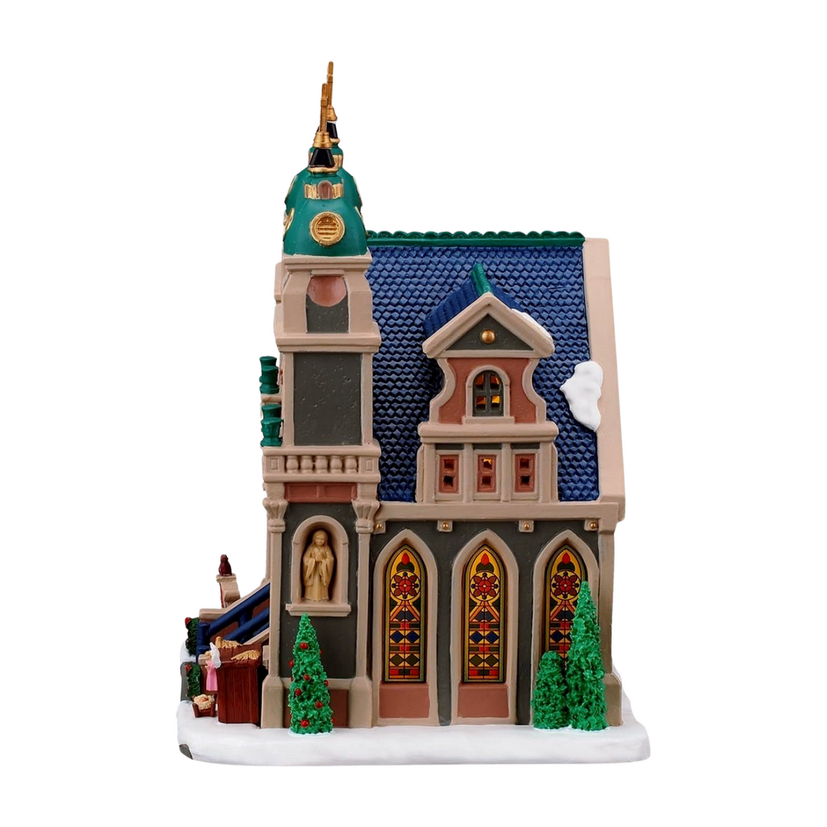 Side view of Lemax miniature church with green and gold spire, blue roof, stained glass windows, and nativity scene