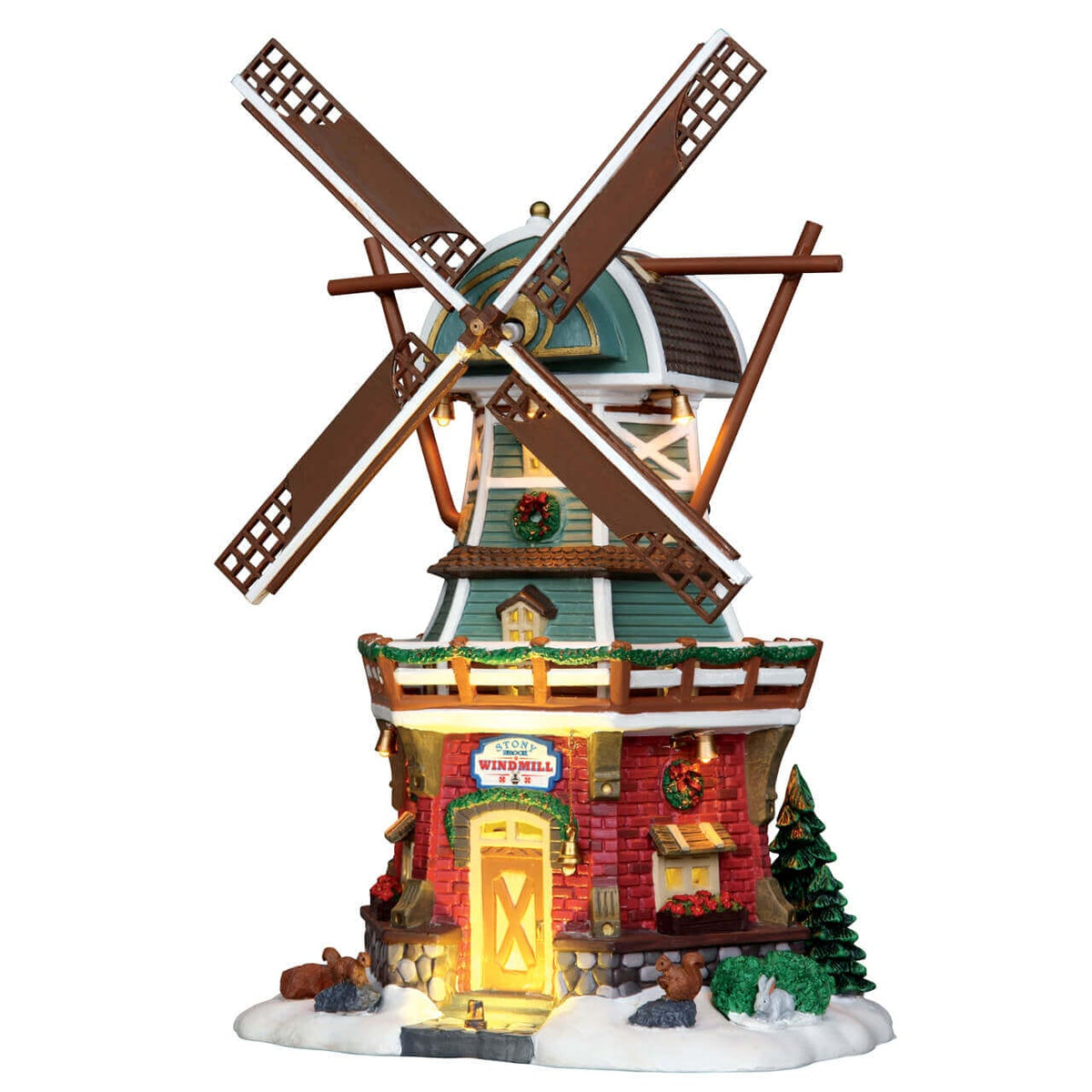 Lemax Stony Brook Windmill with festive wreaths, lit windows and woodland animals on snowy base
