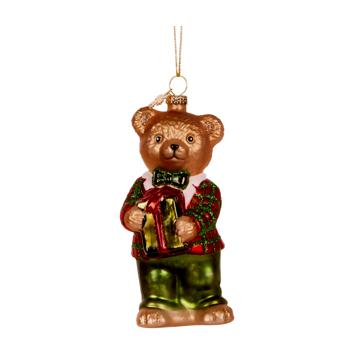 Glass teddy bear decoration wearing a red and green outfit and holding a wrapped gift with a red ribbon