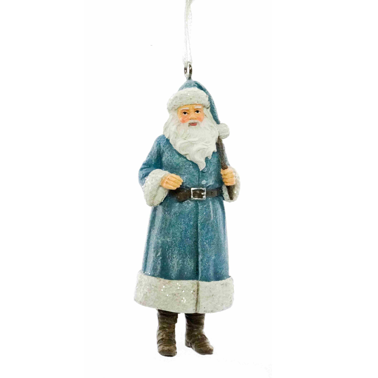 Victorian Santa Christmas tree decoration in blue coat with white glitter trim carrying a staff