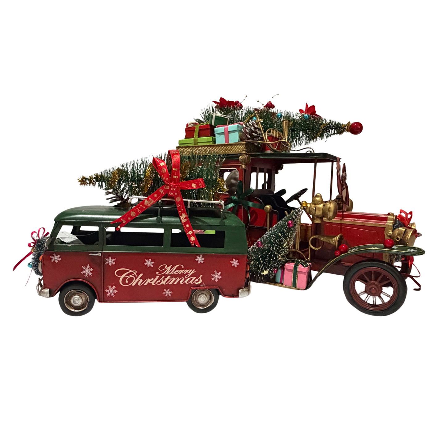 Decorative Christmas scene with a vintage truck and van, featuring Christmas trees and presents on a white background.